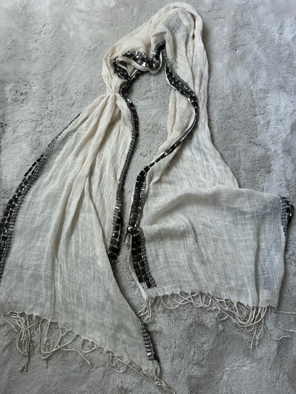Raj Cream Lightweight Fringed Scarf with Black Logo Tag